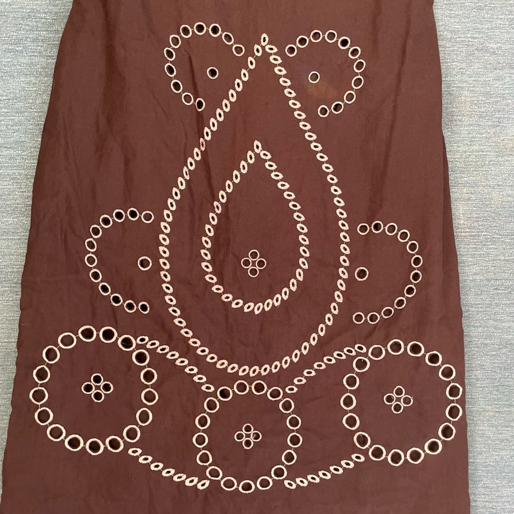 SAAC MIZRAH Brown Eyelet Linen Knee length Dress Size 10 - Picture 2 of 16